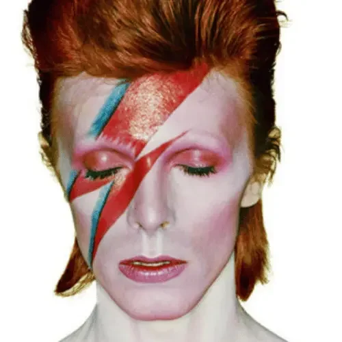 David Bowie als Aladdin Sane met rode bliksemschicht op gezicht, vind zijn vinyl platen en singles