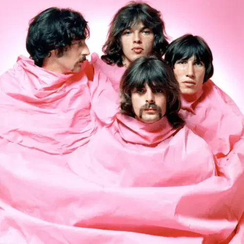 Pink Floyd bandfoto in roze doeken met Syd Barrett, vind hun psychedelische vinyl platen en singles