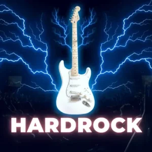 Hardrock logo met witte gitaar en thunder achtergrond voor lp's, platen en singles
