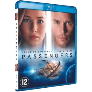 De officiële Blu-ray hoes van de sciencefiction-film 'Passengers' uit 2016, met Jennifer Lawrence en Chris Pratt.